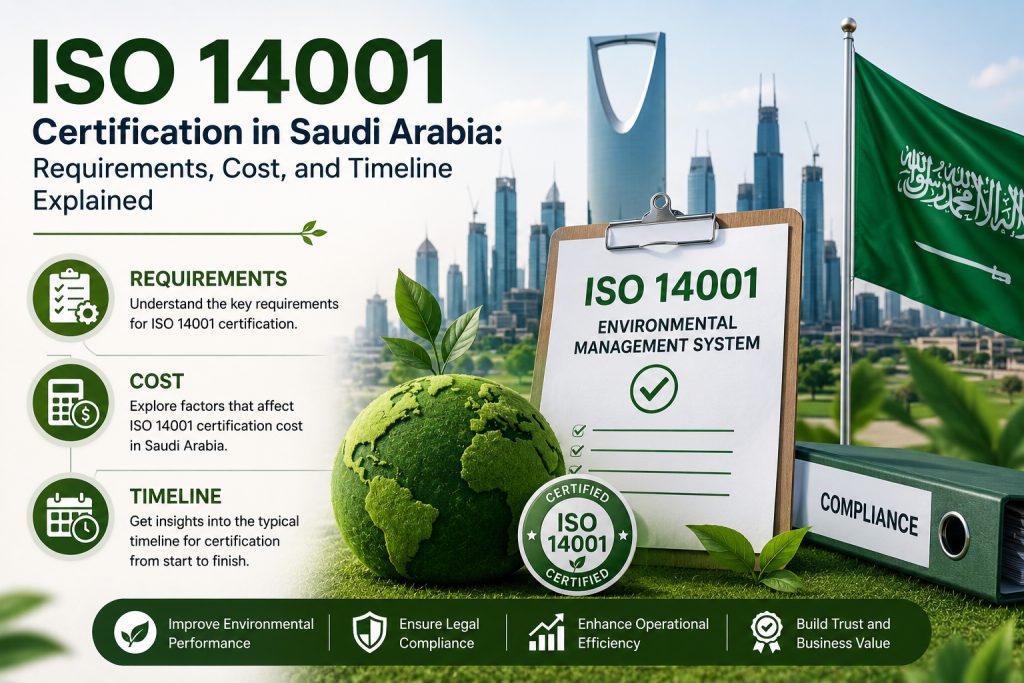 Business professionals discussing ISO 14001 Certification Cost in Saudi Arabia with environmental management documents and sustainability icons.