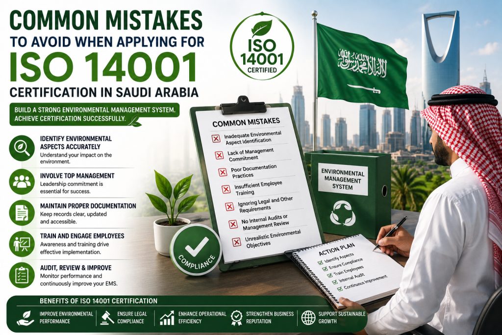 Business professionals reviewing documents for ISO 14001 Certification in Saudi Arabia while identifying common environmental management mistakes.