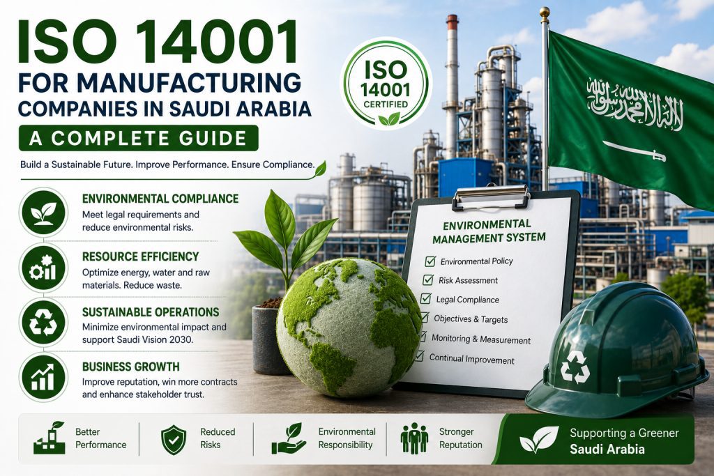 Industrial manufacturing facility implementing ISO 14001 for Manufacturing Companies in Saudi Arabia to improve environmental management and sustainability.
