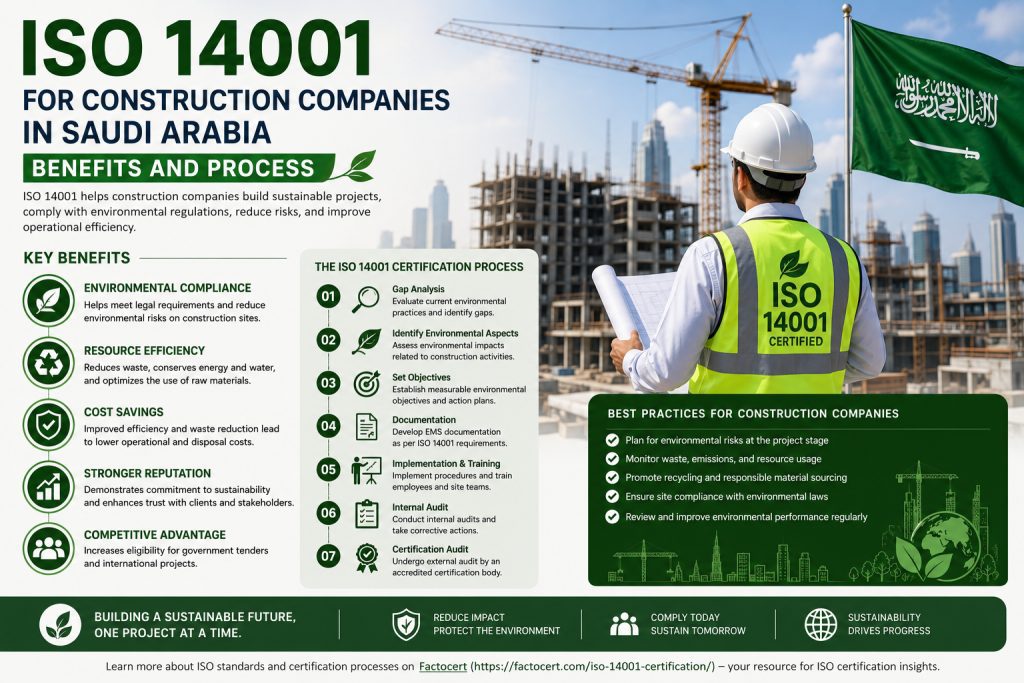 Construction professionals implementing ISO 14001 for Construction Companies in Saudi Arabia to improve environmental management and sustainable building practices.