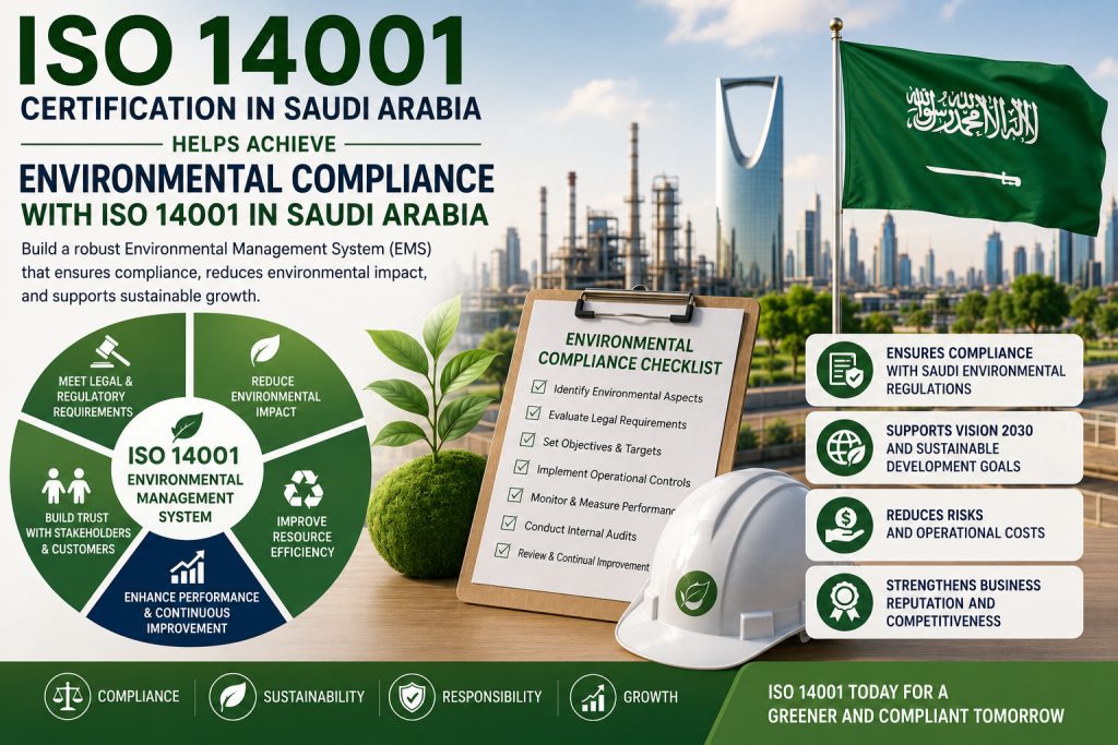 Business professionals implementing Environmental Compliance with ISO 14001 in Saudi Arabia through an Environmental Management System.