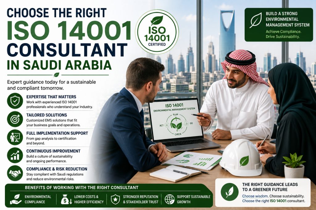 Business team consulting with the Best ISO 14001 Consultant in Saudi Arabia to implement an Environmental Management System.